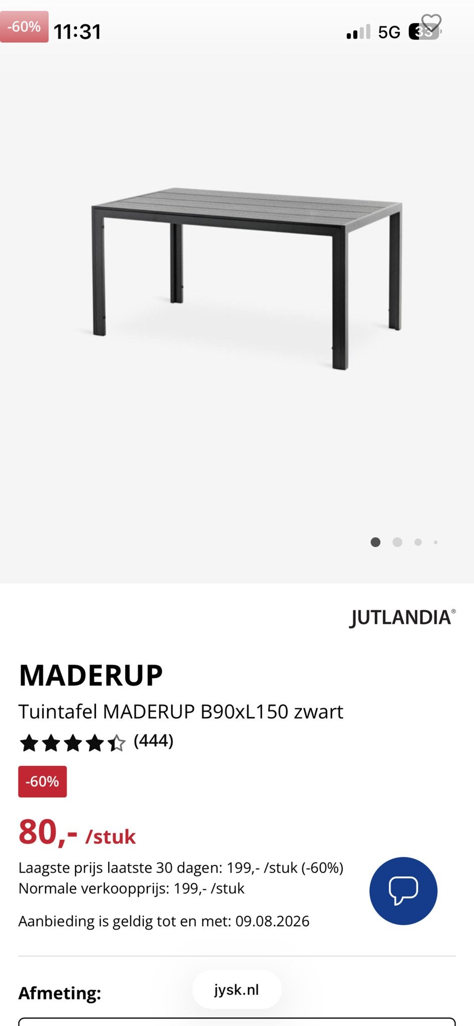 Jutlandia Madarup Tuin-/Balkontafel Zwart B90xL150, Ophalen, Gebruikt, Rechthoekig, Overige materialen