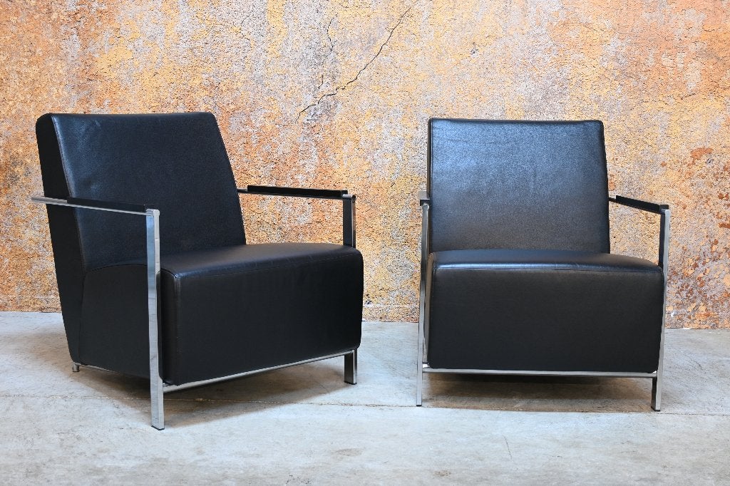 ZGANieuw 2 zwarte leren Harvink Alowa design fauteuils, Harvink, Gebruikt, Harvink, 75 tot 100 cm