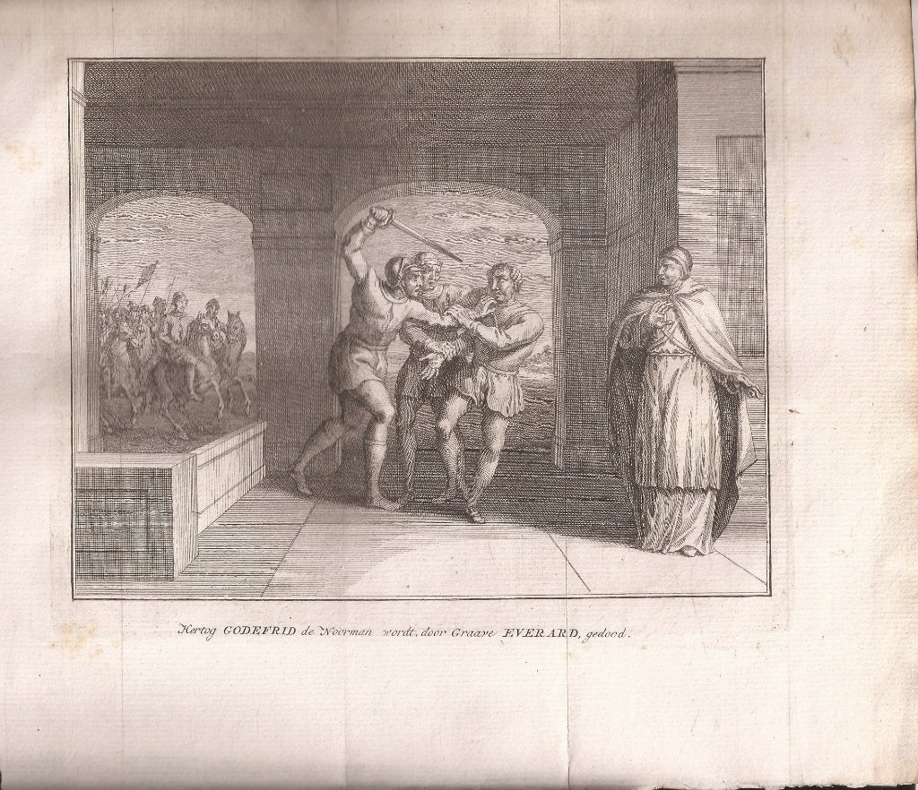 Hertog Godefrid de Noorman wordt, door Graave Everard gedood, 19 cm, Ophalen of Verzenden, Gravure, 16 cm