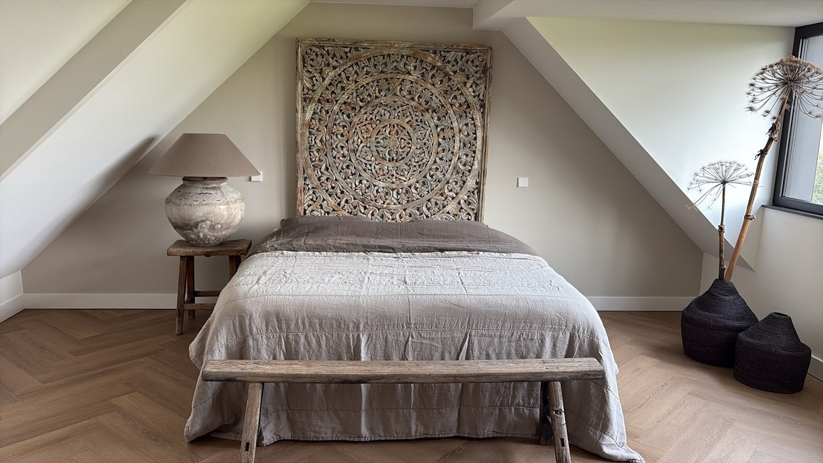 Massief Teakhouten Wandbord  mandala / Hoofdbord voor Bed, Ophalen, Gebruikt, Bruin, Tweepersoons