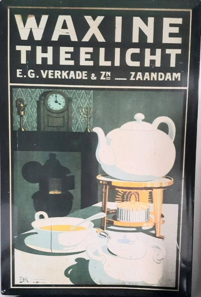 Blikken reclame plaat en emmer van waxine theelicht gouda, Verzamelen, Blikken, Ophalen of Verzenden, Gebruikt, Koek(jes), Verkade