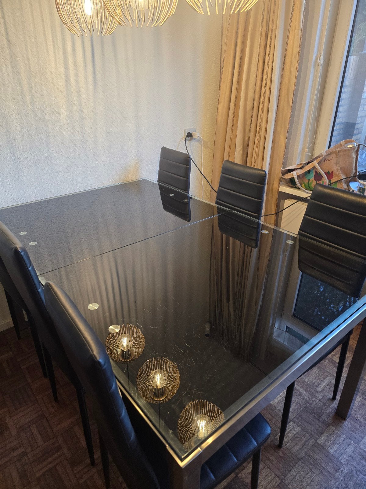 Uitschuifbare eettafel zwart glas met 6 stoelen, Ophalen, 50 tot 100 cm, Rechthoekig, Glas