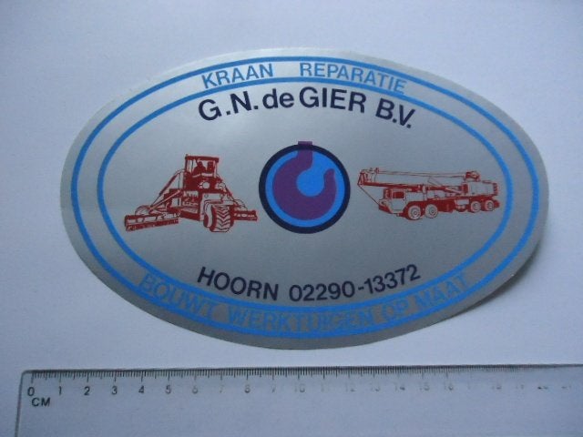 sticker oud DE GIER Hoorn HIJSKRAAN kraan werktuigen retro, Verzenden, Zo goed als nieuw, Bedrijf of Vereniging