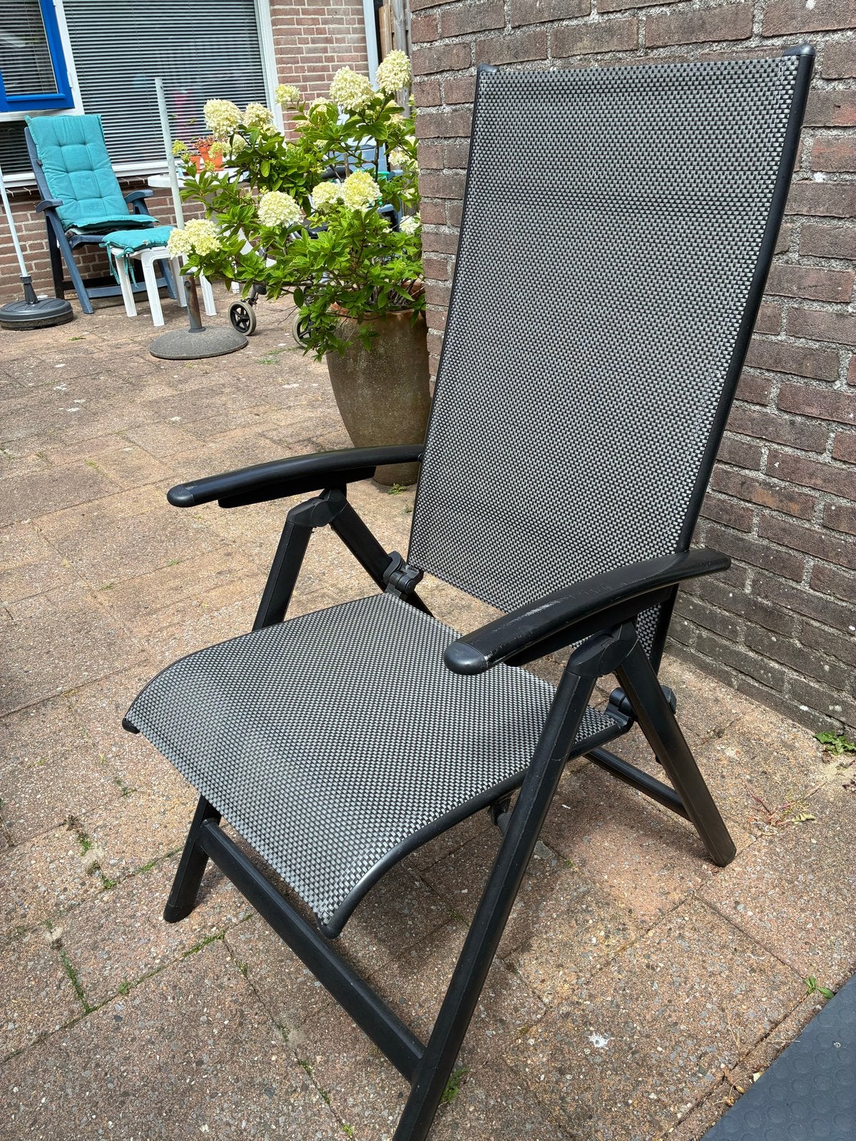Verstelbare textyleen tuinstoel - lichtgewicht en zwart, Tuin en Terras, Ophalen, Gebruikt, Aluminium, Verstelbaar