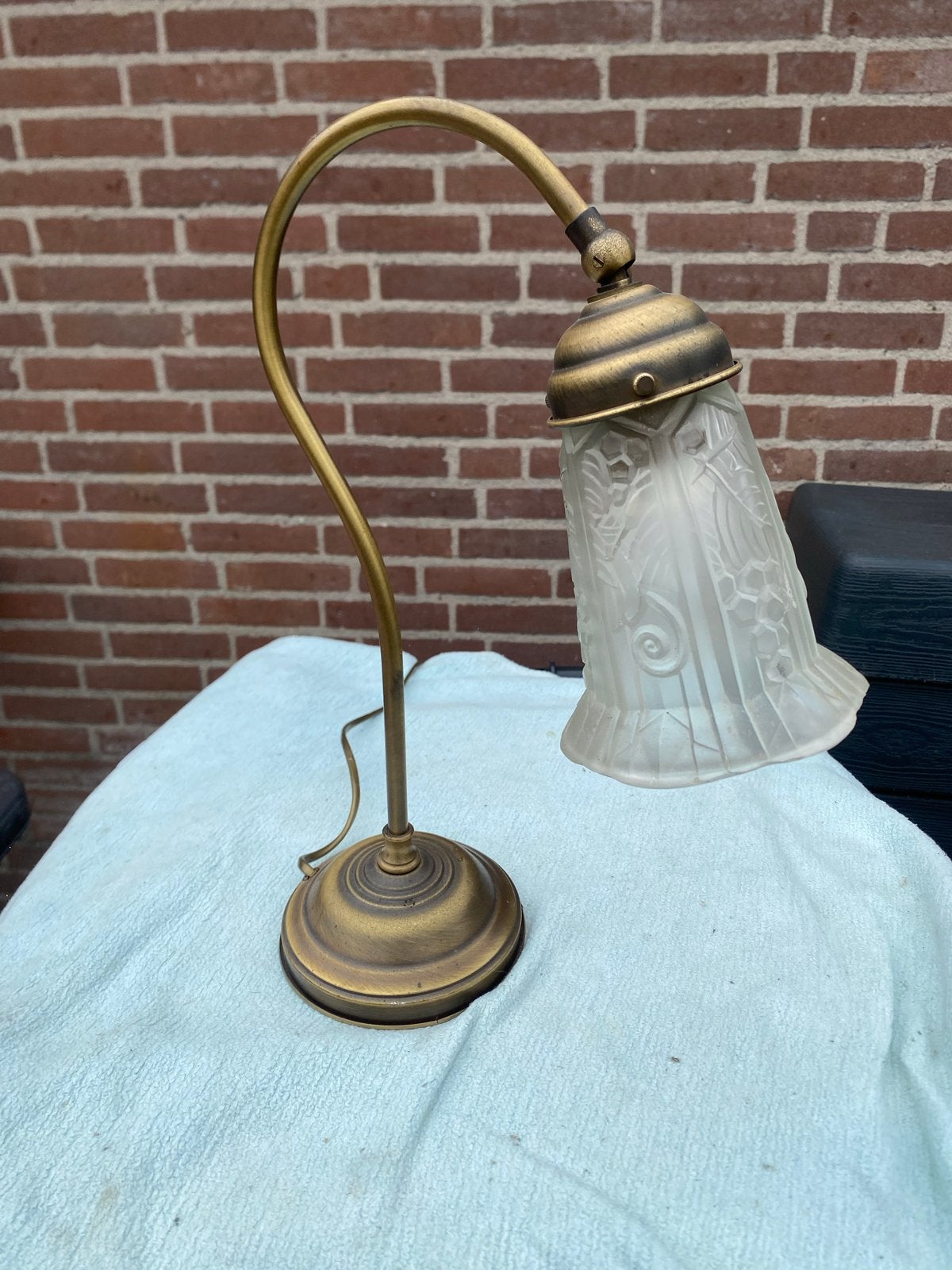 Vintage Bureaulamp met Glazen Kap - Bronskleurig, Ophalen of Verzenden