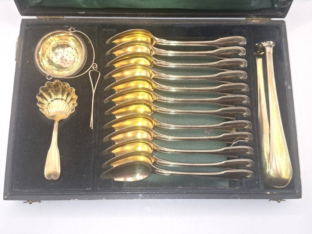 Zilveren Franse theeset in originele cassette (ca. 1880), Antiek en Kunst, Ophalen of Verzenden, Zilver