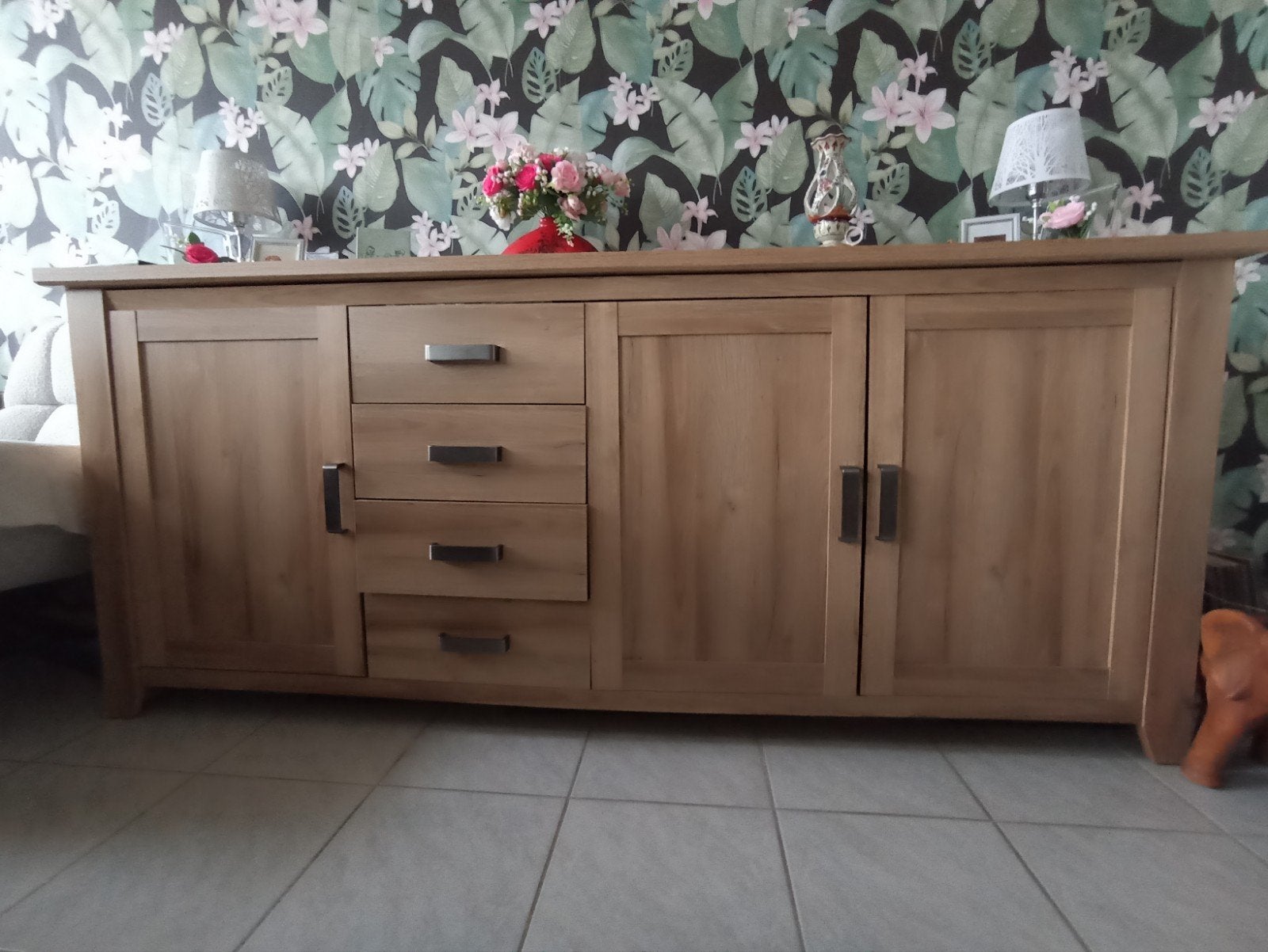 Eikenhouten fineer dressoir met lades en deuren, Ophalen, Modern landelijk, 200 cm of meer, 25 tot 50 cm
