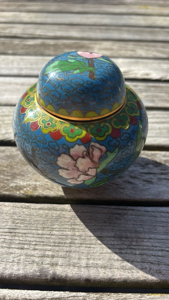 Vintage Chinees emaille potje/deksel, blauw, bloemen, 8cm, Antiek en Kunst, Ophalen of Verzenden