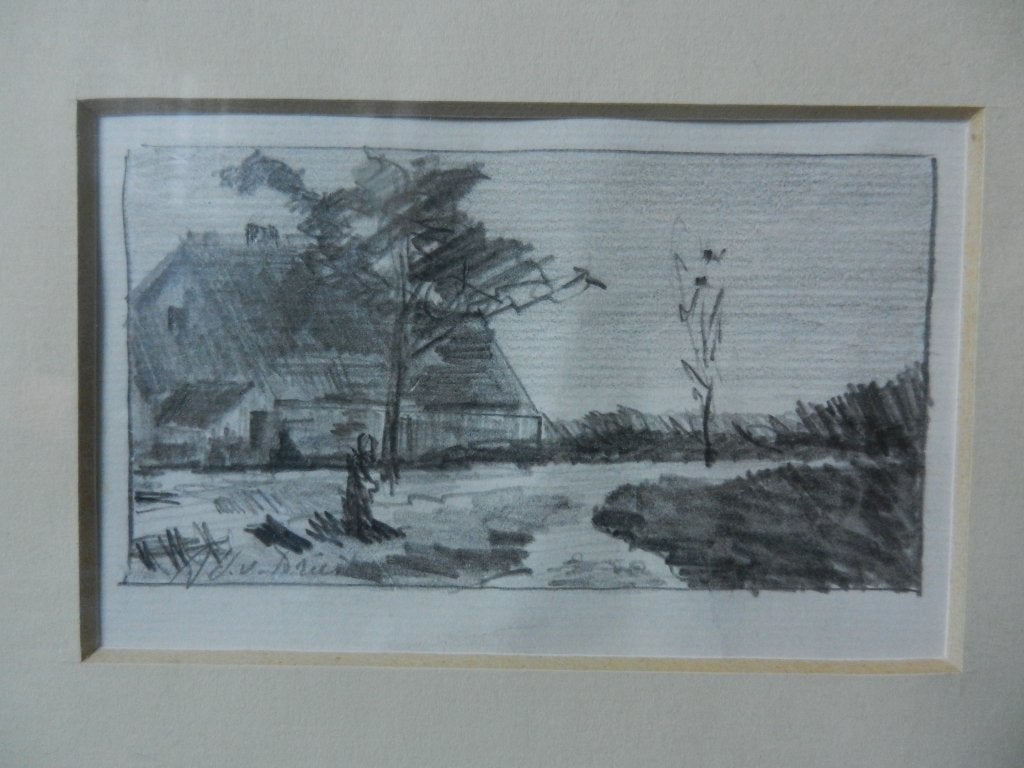 Tekening Boerderij in landschap AJ van Driesten 1878-1969, Ophalen of Verzenden, Tekening, Aquarel, Handgemaakt