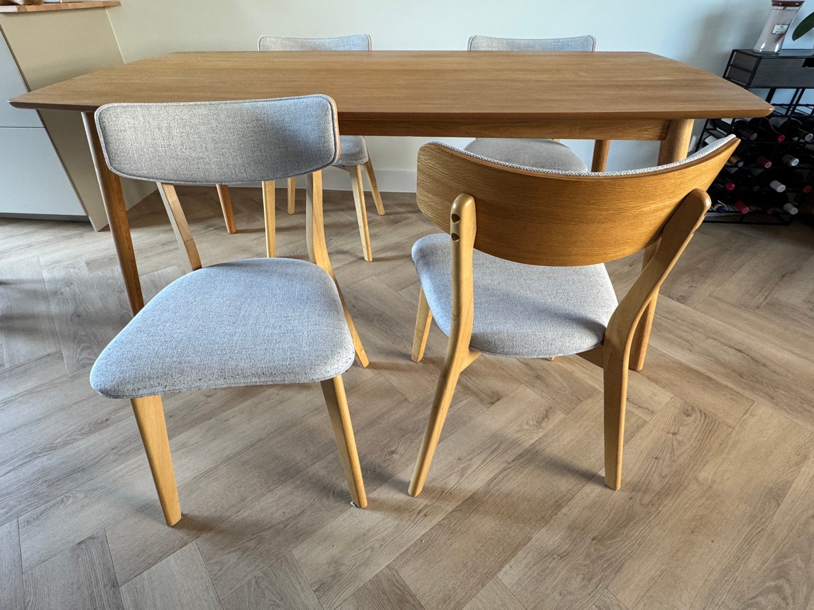 Set of 4 oak dining chairs, Ophalen, Gebruikt, Vier, Grijs