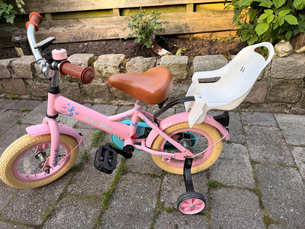 Roze kinderfiets 'Little Miss' met zijwieltjes en zitje, Terugtraprem, Zijwieltjes, Ophalen of Verzenden, 16 tot 20 inch