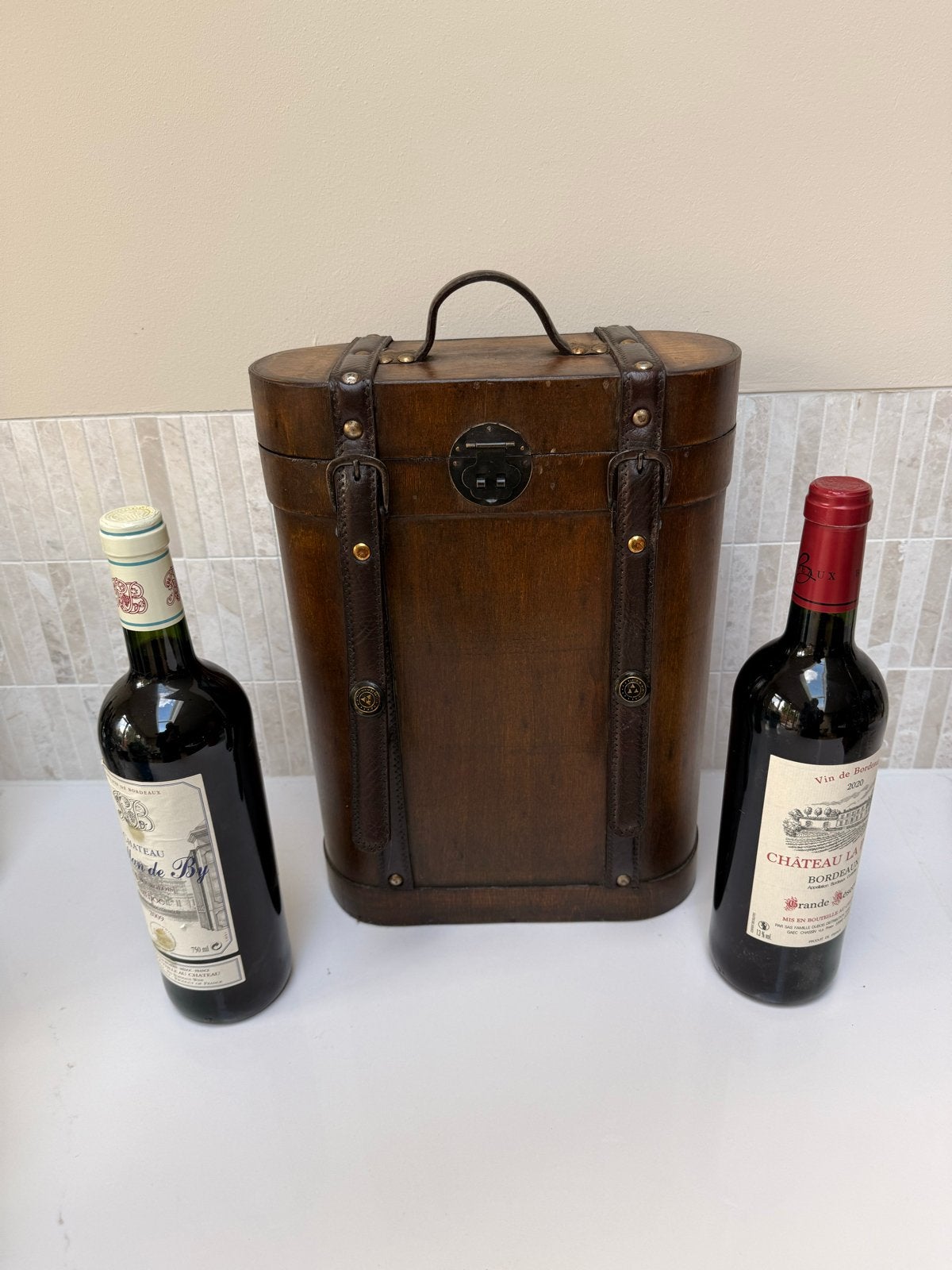 Vintage houten wijnkist voor 2 flessen, Ophalen of Verzenden
