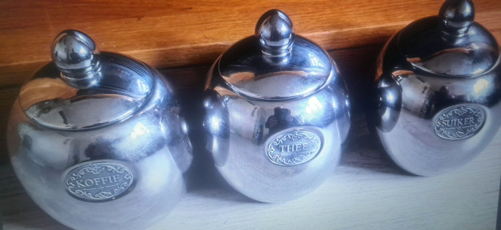 Set van 3 zilverkleurige voorraadpotten: Koffie, Thee, Suker, Zilver, Ophalen of Verzenden, Zo goed als nieuw, Voorraadpot