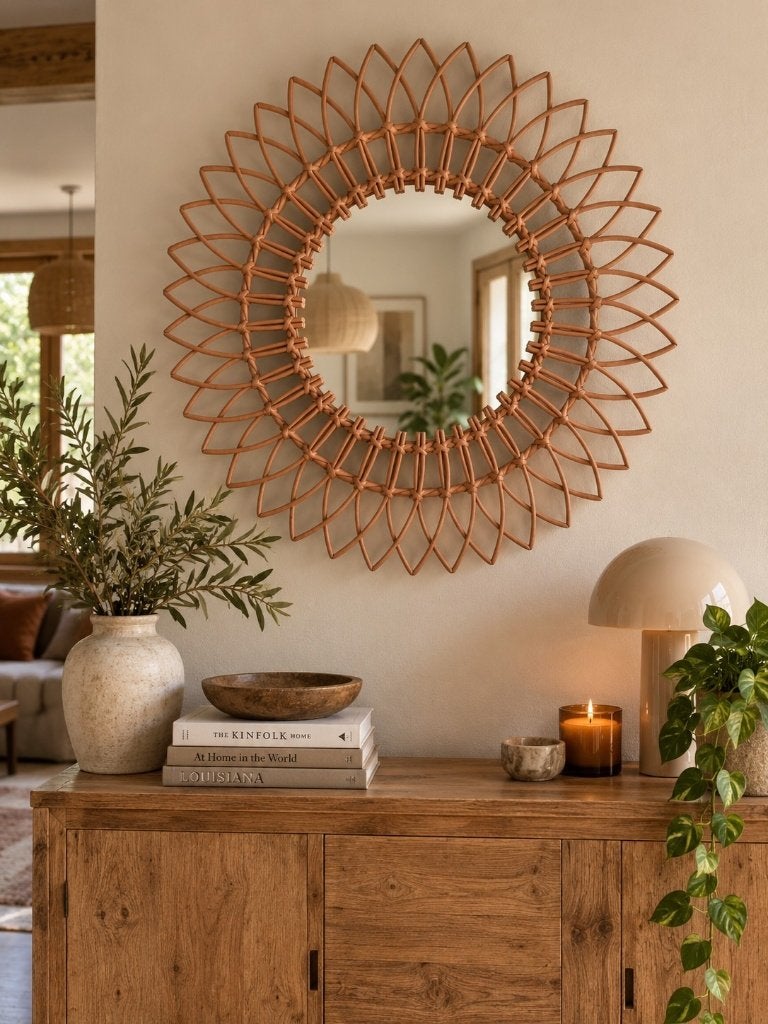 Decoratieve rotan spiegel – Ø 75 cm, Ophalen of Verzenden, Zo goed als nieuw, Minder dan 100 cm, Rechthoekig