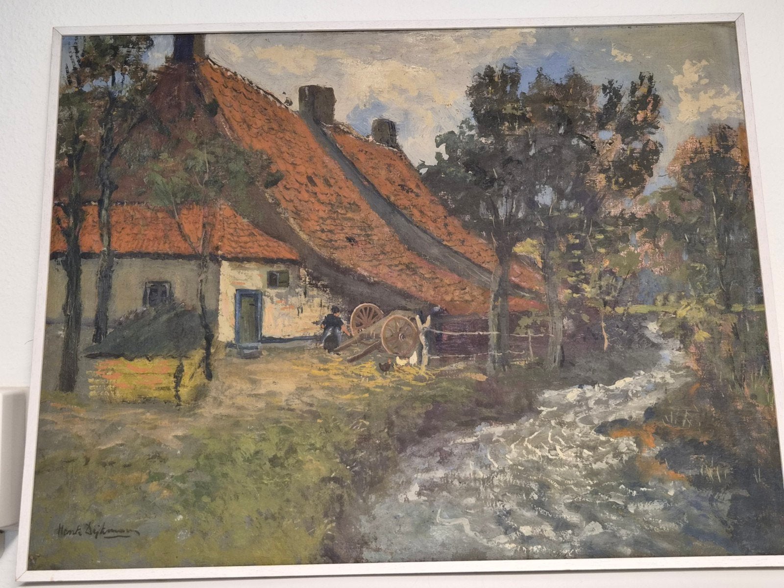 Olieverfschilderij Henk Dijkman - Boerderij aan water, Antiek en Kunst, Ophalen, Nederlandse school, Doek, Gesigneerd