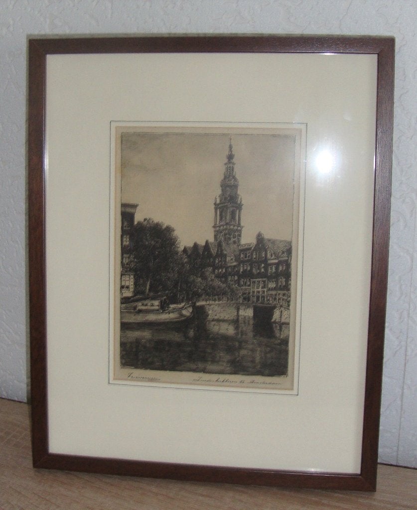Ets van de Zuiderkerktoren in Amsterdam - Jan Zwerver, Ets, Stadsgezicht, 23 cm, Ophalen of Verzenden