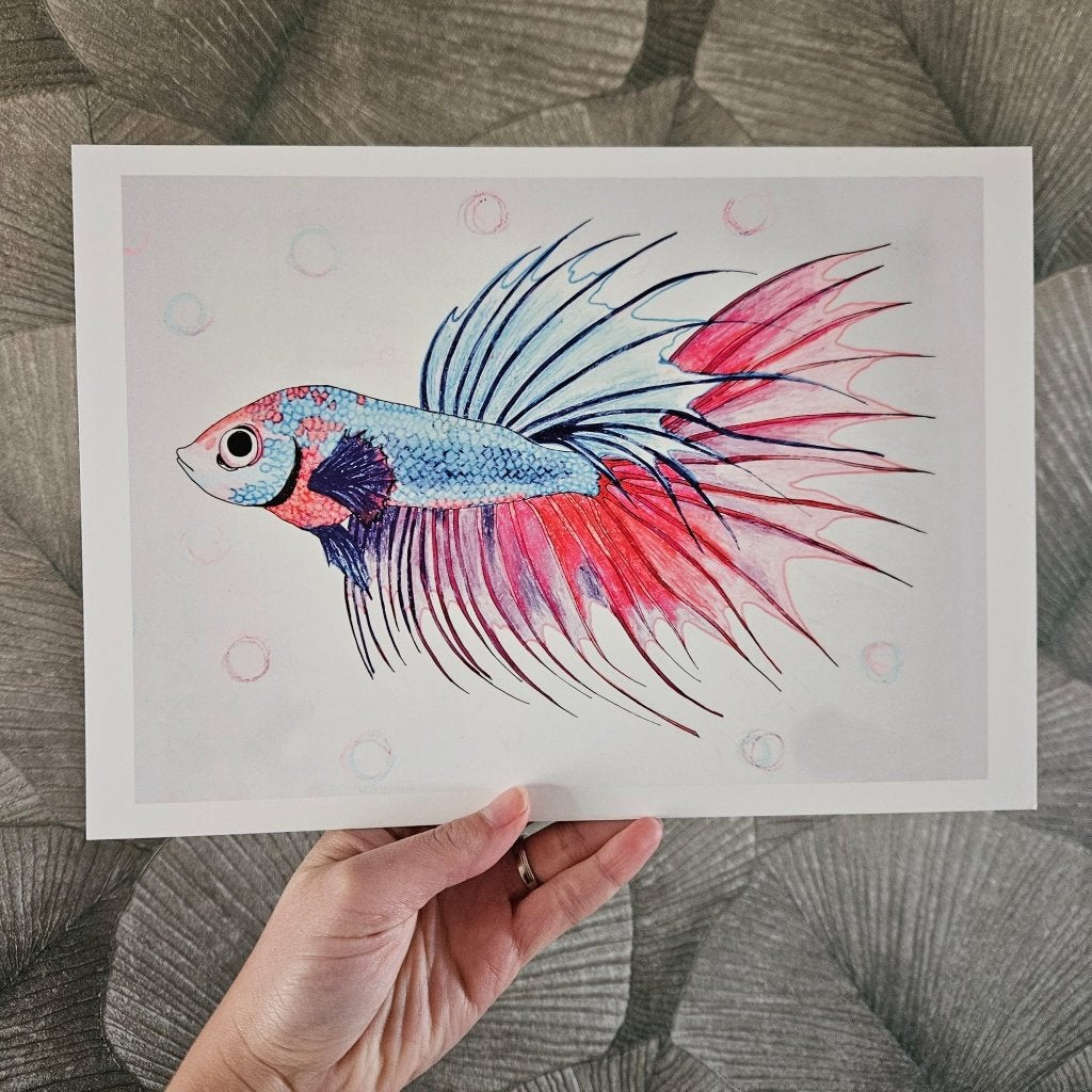 Kunstprint Betta kleurrijke vis A4, Antiek en Kunst, Papier/karton, Ophalen of Verzenden, Dieren, Gemengde techniek
