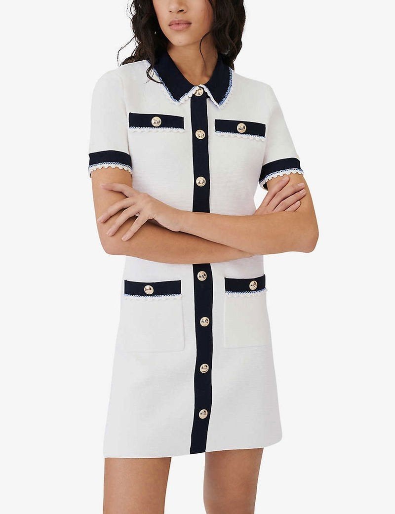 Maje jurk wit met marineblauwe details, Wit, Ophalen of Verzenden, Maat 34 (XS) of kleiner, Boven de knie