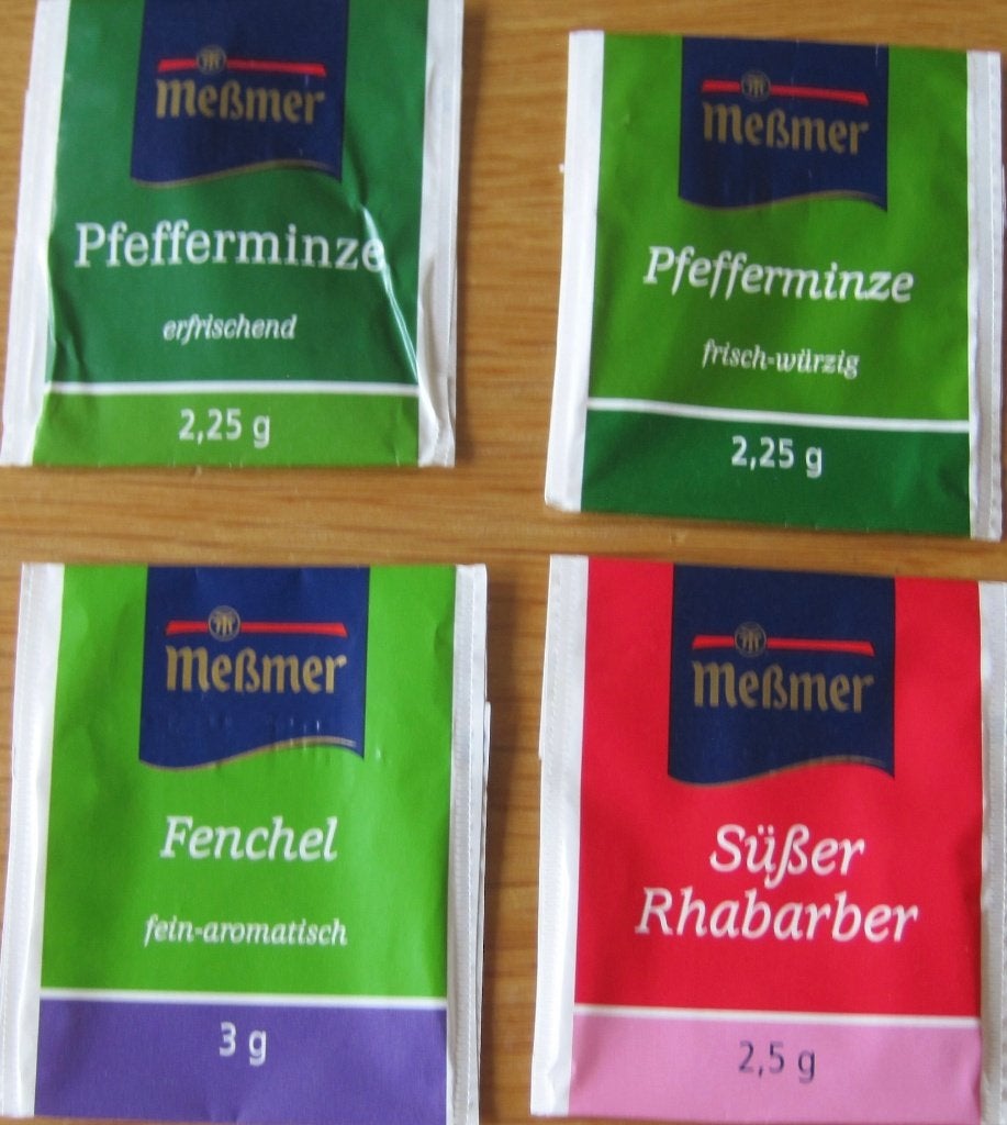 Vier theezakjes van Messmer met zoete rabarber en pepermunt, Verzenden, Theezakje(s)