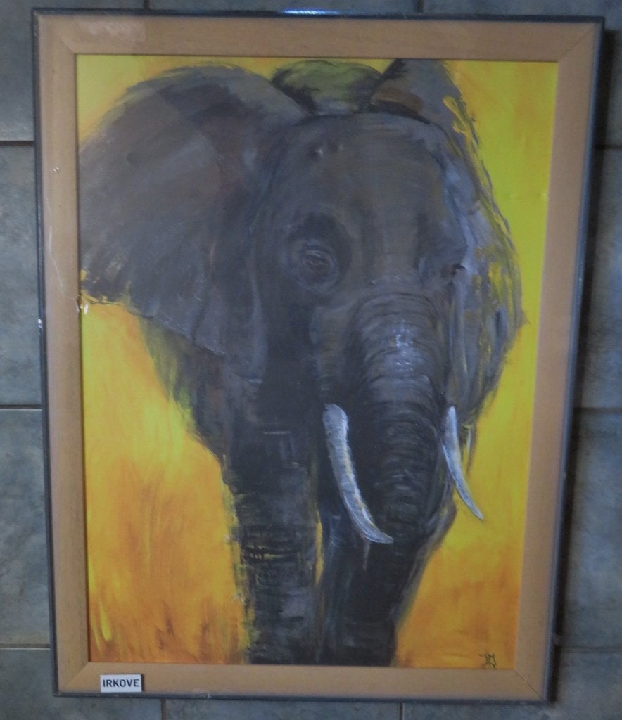 GROTE OLIFANT OP LINNEN * In Lijst *, Gesigneerd, Schilderij, Geel, Textiel