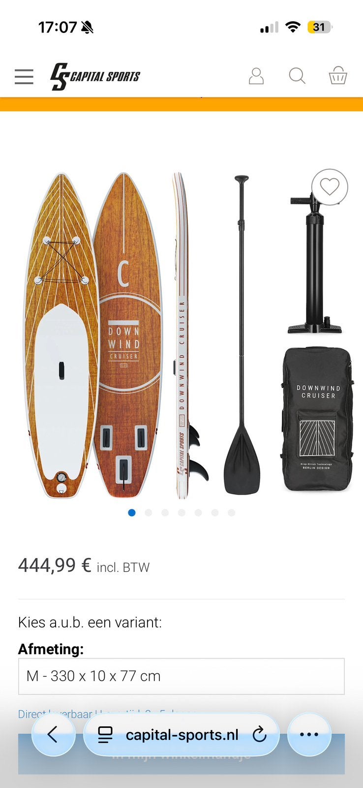 NIEUW Capital Sports Downwind Cruiser 10.8 SUP board set, Watersport en Boten, Suppen, Zo goed als nieuw, SUP-boards, Ophalen of Verzenden
