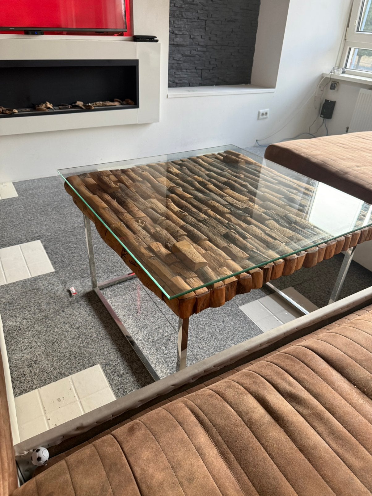 Luxe Rofra salontafel 80  80 cm hout, glas en RVS-look, Ophalen, 50 – 75, 50 tot 100 cm, 50 tot 100 cm