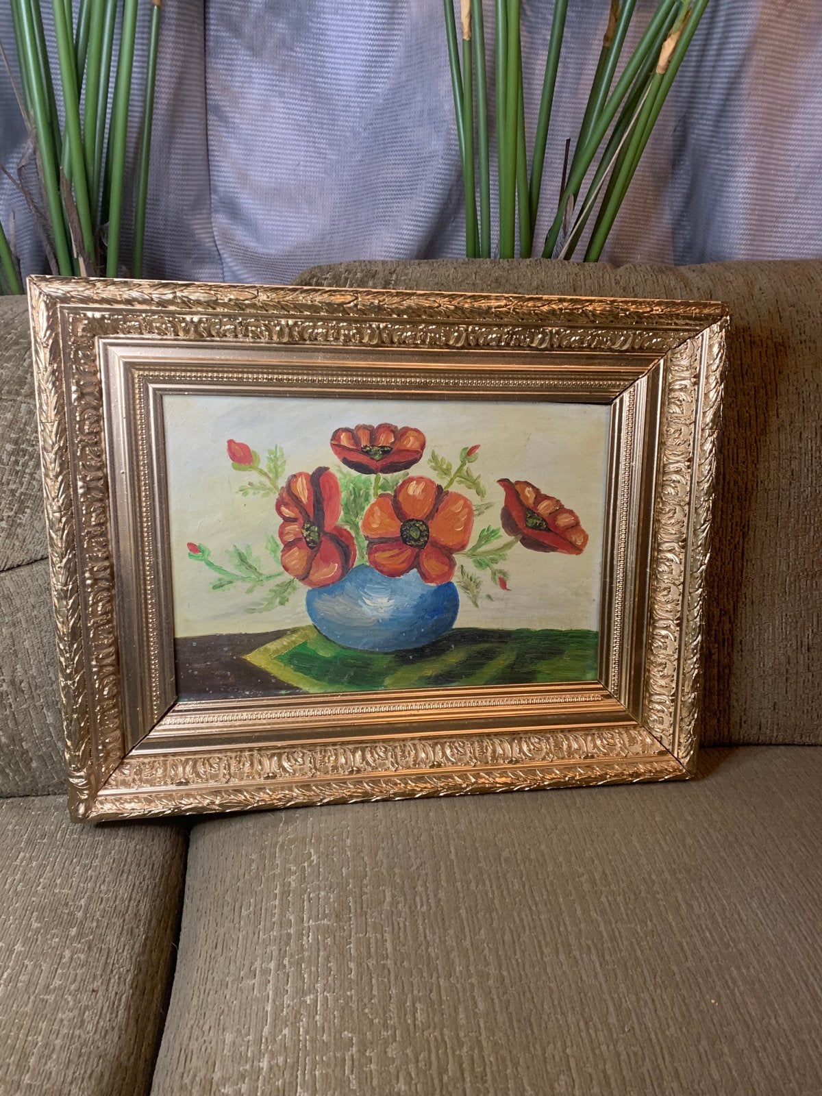 Schilderij met klaprozen in vaas, ingelijst stilleven, Antiek en Kunst, Bloemen, Overige ondergronden, Ophalen of Verzenden, Olieverf