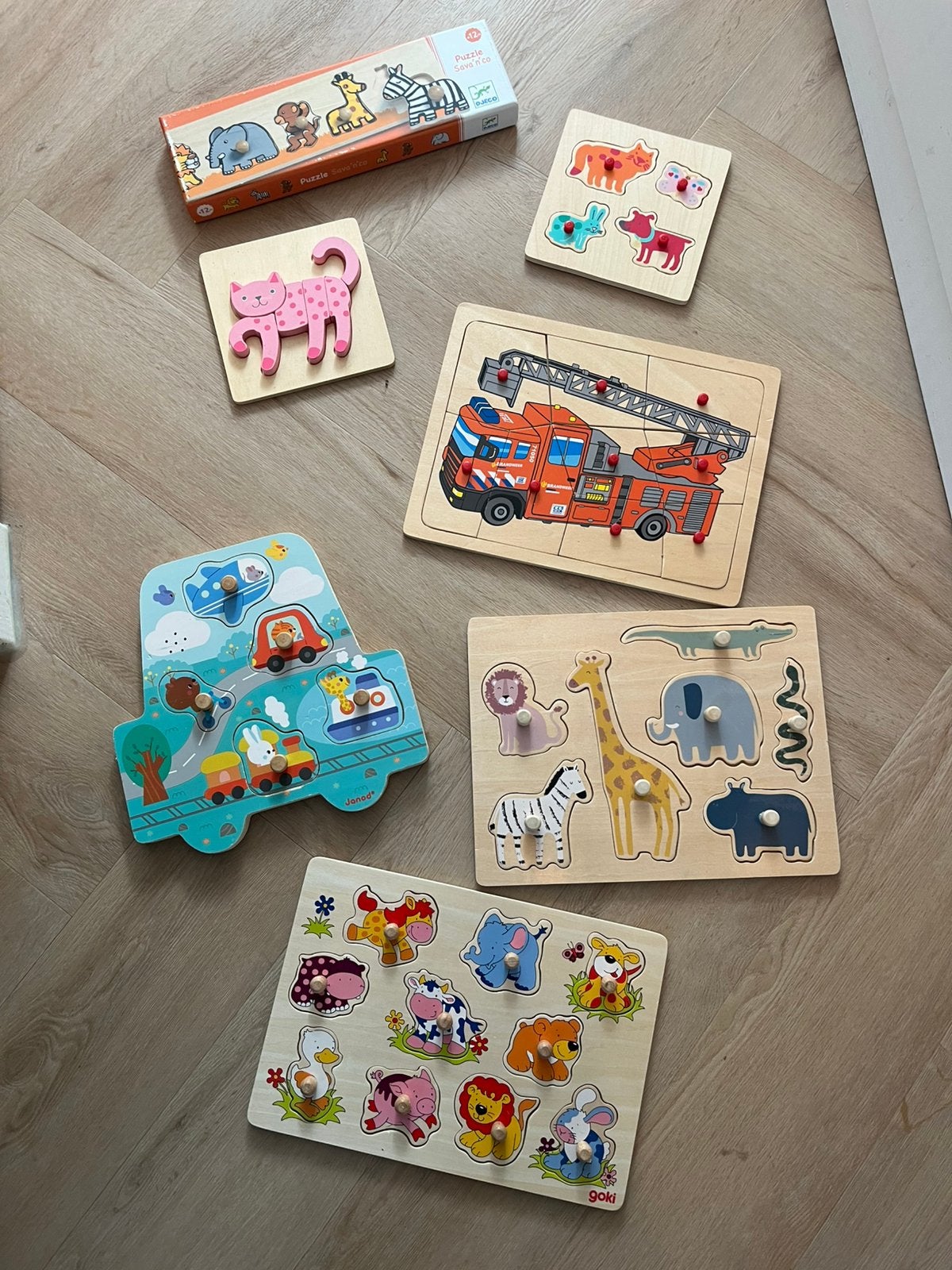 Zeven houten puzzels, Kinderen en Baby's, Speelgoed | Kinderpuzzels, Ophalen, Minder dan 10 stukjes, Zo goed als nieuw, 6 maanden tot 2 jaar