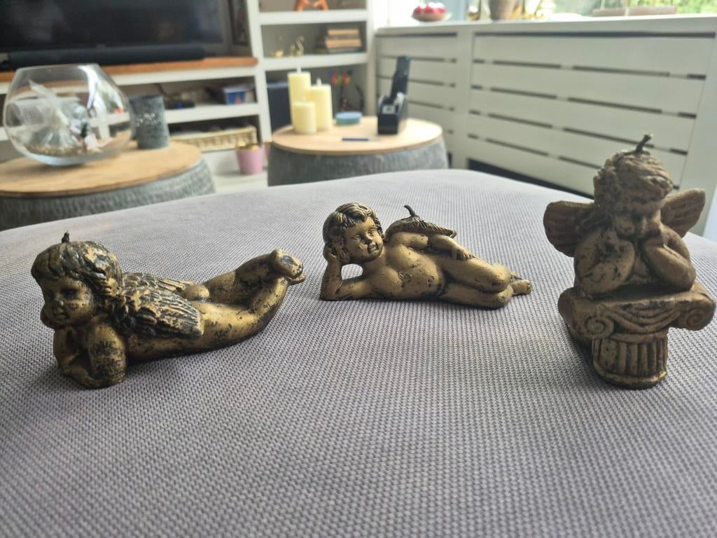 Set van 3 gouden engeltjes kaarsen, Overige materialen, Gebruikt, Overige kleuren, Ophalen of Verzenden