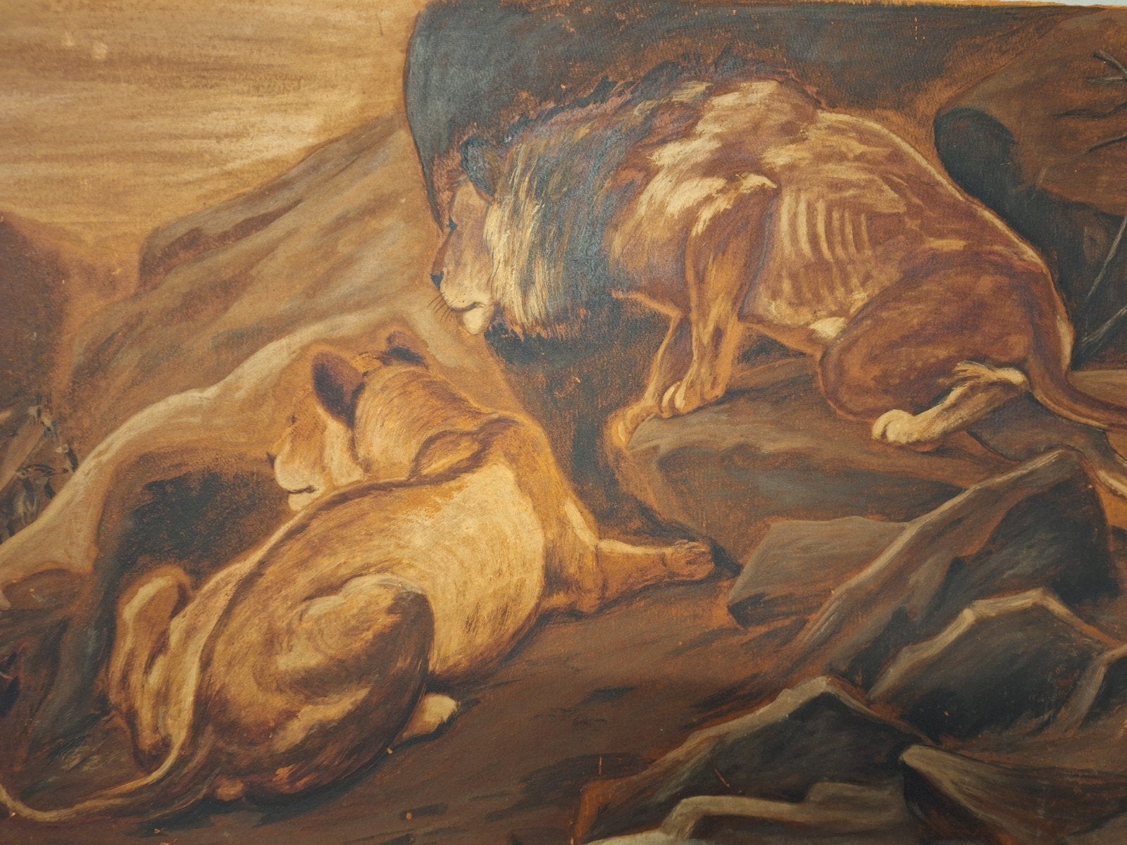 Schilderij bergleeuwen - P. Sontag, Ophalen of Verzenden