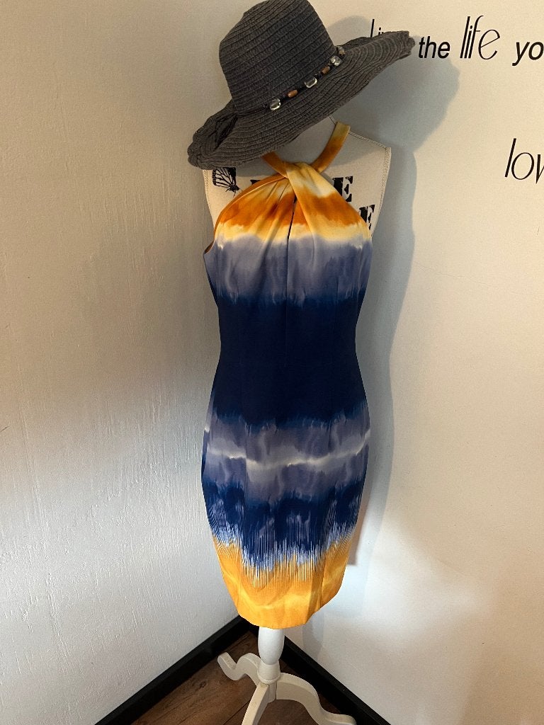 Schitterende jurk blauw geel maat 40 zgan Elegant, Maat 38/40 (M), Blauw, Ophalen of Verzenden, Zo goed als nieuw