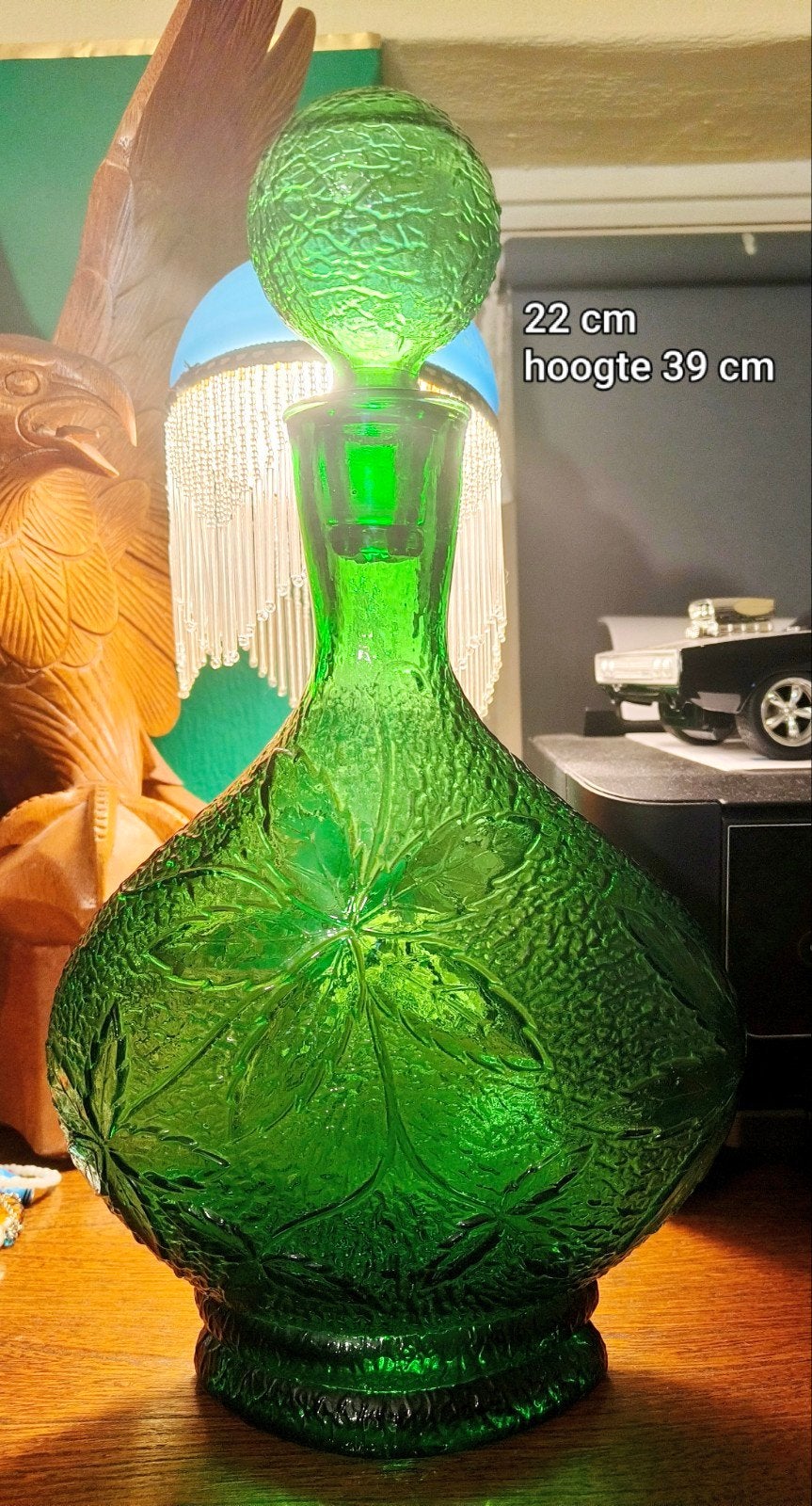 Groot Vintage Groene Empili Glazen Karaf met Bladmotief en S, Ophalen of Verzenden