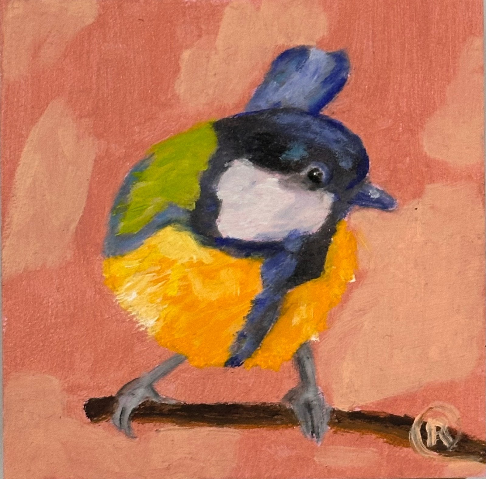 Koolmees vogel miniatuur, Antiek en Kunst, Ophalen of Verzenden, Dieren, Olieverf, Overige materialen