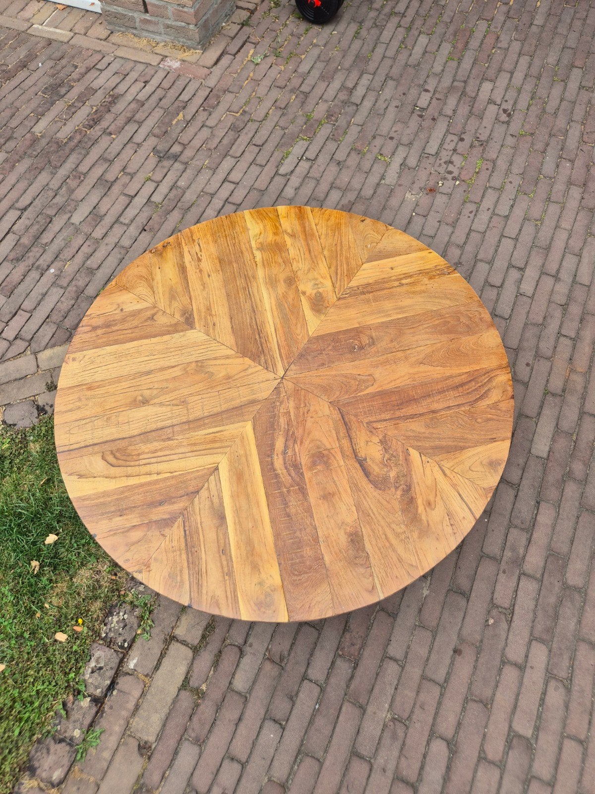Ronde houten salontafel met metalen onderstel, Gebruikt, Rond, 50 tot 100 cm, 5 – 50