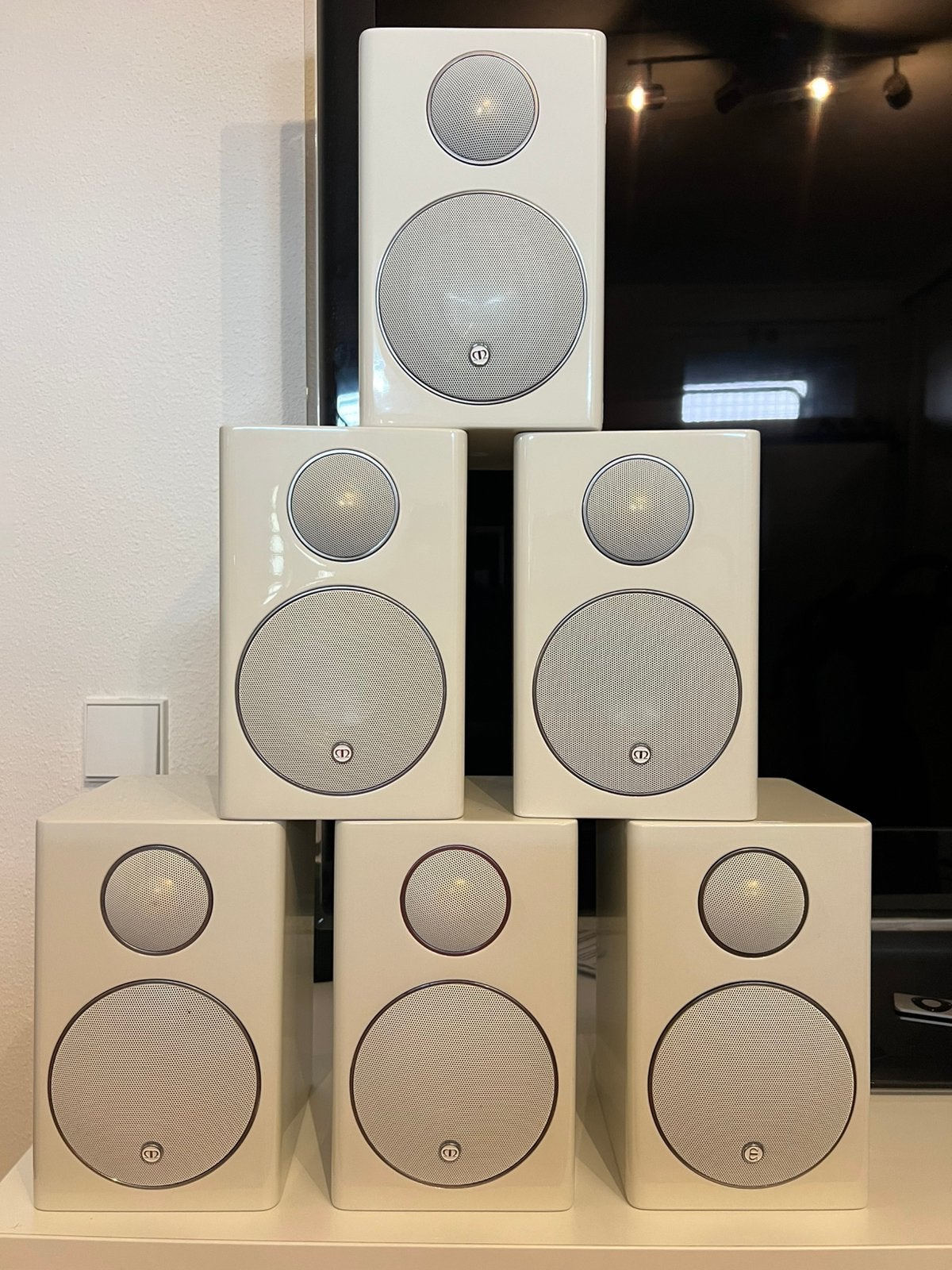 Te koop 6 x glanzend wit monitor audio radius 90 HD speakers, Audio, Tv en Foto, Luidsprekers, Ophalen, Zo goed als nieuw, 60 tot 120 watt