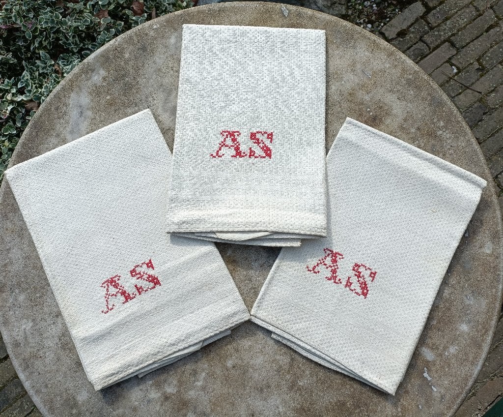 Antieke linnen mangeldoek roldoek monogram AS 103x48 (BT2), Ophalen of Verzenden, Gebruikt, Linnen, Theedoek of Handdoek