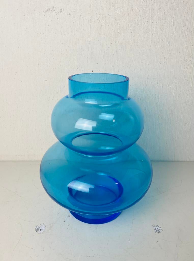 Blauw glazen bollen vaas , handgeblazen, Verzamelen, Retro, Ophalen of Verzenden, Huis en Inrichting