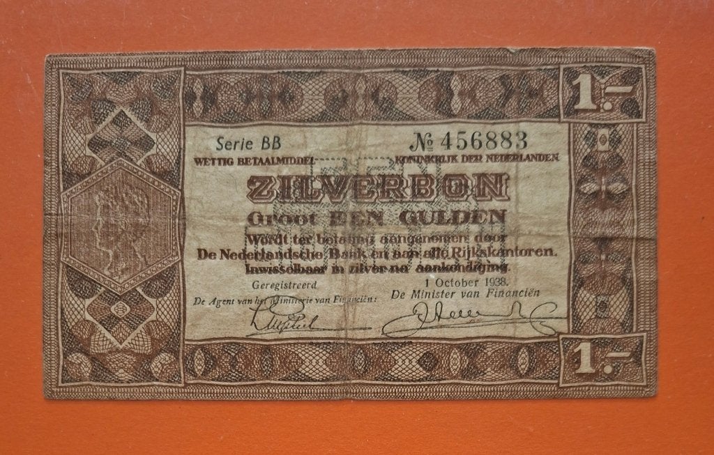 Zilverbon 1 gulden 1938, serie 2 letters, cat. PL4.b, Postzegels en Munten, Verzenden, 1 gulden, Los biljet