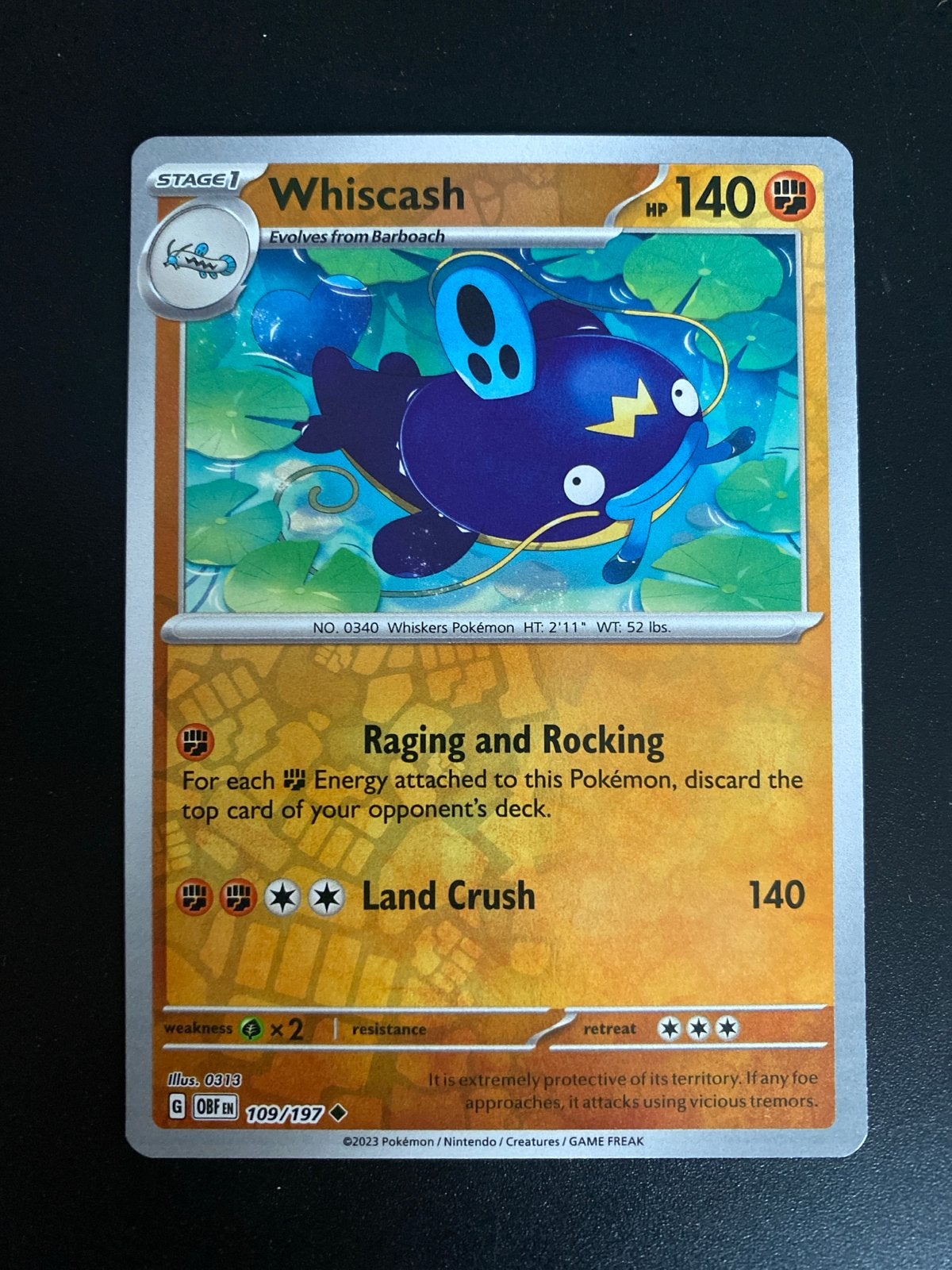Whiscash 109/197 Reverse Holo Obsidian Flames, Ophalen of Verzenden, Zo goed als nieuw, Losse kaart, Foil