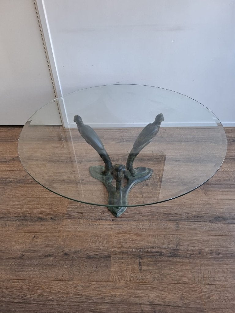 Glazen salontafel met 3 bronzen vogels als voet, Huis en Inrichting, Ophalen, Rond, Zo goed als nieuw, Glas