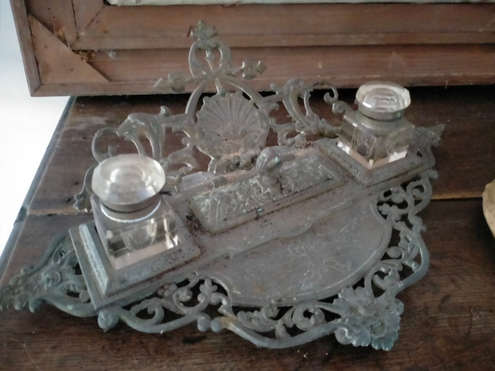 Antieke inktstel met twee inktpotten, Ophalen of Verzenden