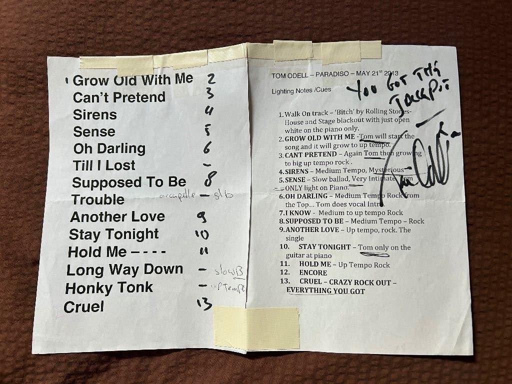 Tom Odell setlist gesigneerd / signed (Paradiso 2013), Limited edition, Verzenden, Gebruikt, Overige formaten