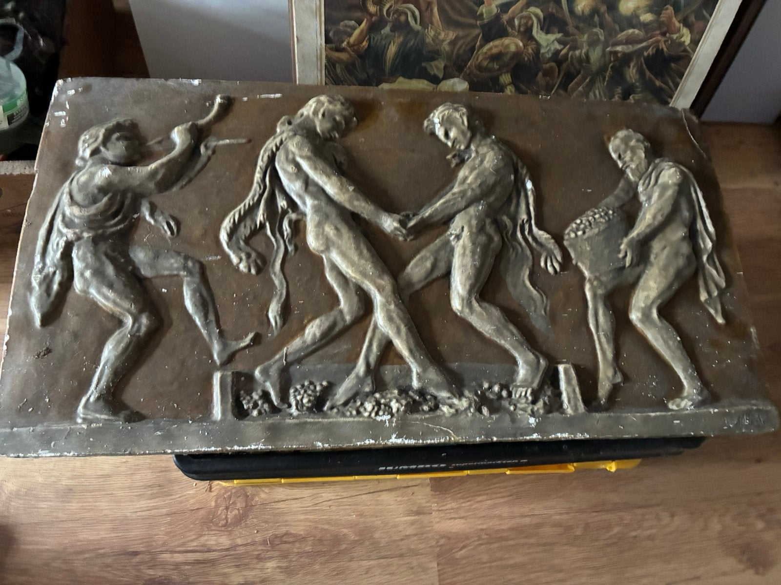 Antiek reliëf: Bacchanaal scène, bronskleurig, Handgemaakt, Wanddecoratie, Scène, 50 - 100 cm