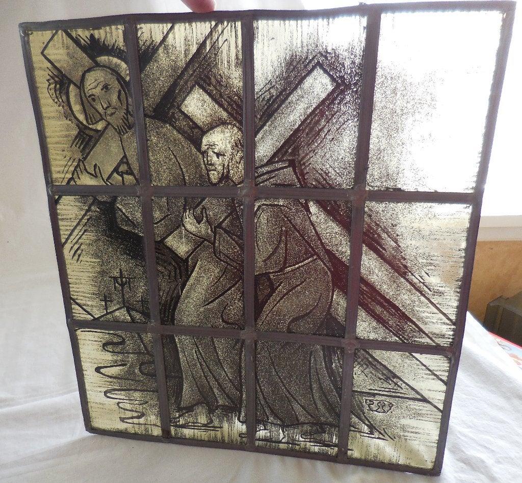 Glas in Lood Paneel met Godsdienstige Voorstelling, Antiek en Kunst, Ophalen