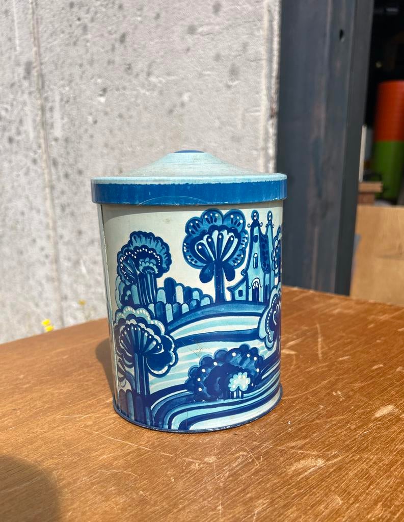 Vintage voorraadblik blauw wit met landschap, Ophalen of Verzenden