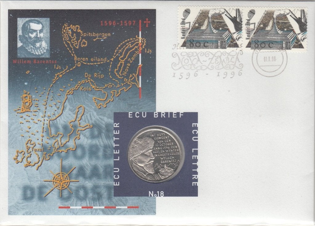 Nederland ECU brief No. 18 Ontdekkingsreizen 1996 + penning, Ophalen of Verzenden, Overige materialen, Nederland