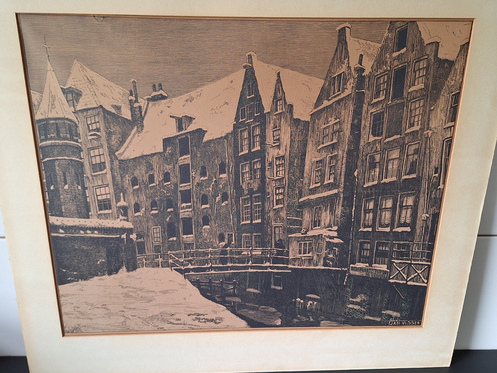 Jan Visser - Wintergezicht Gracht Amsterdam - Ets, Antiek en Kunst, Kunst | Etsen en Gravures, Ets, Gesigneerd, Stadsgezicht, 1900 - 1949