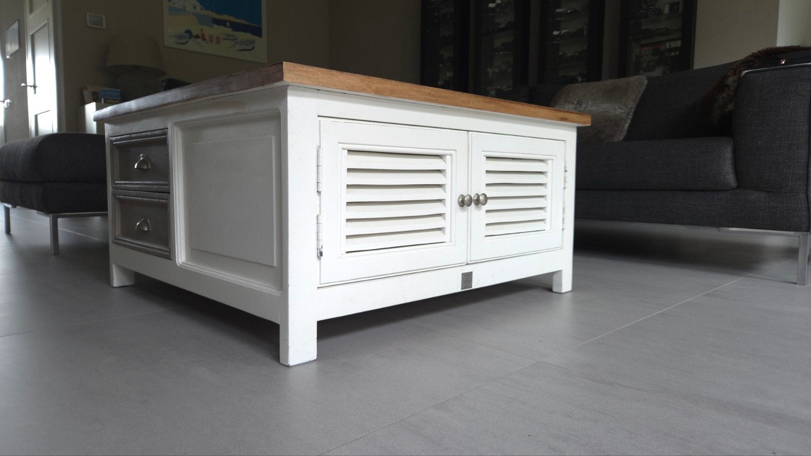 Rivièra Maison witte salontafel met opbergruimte, Ophalen, 50 tot 100 cm, Vierkant, 50 tot 100 cm