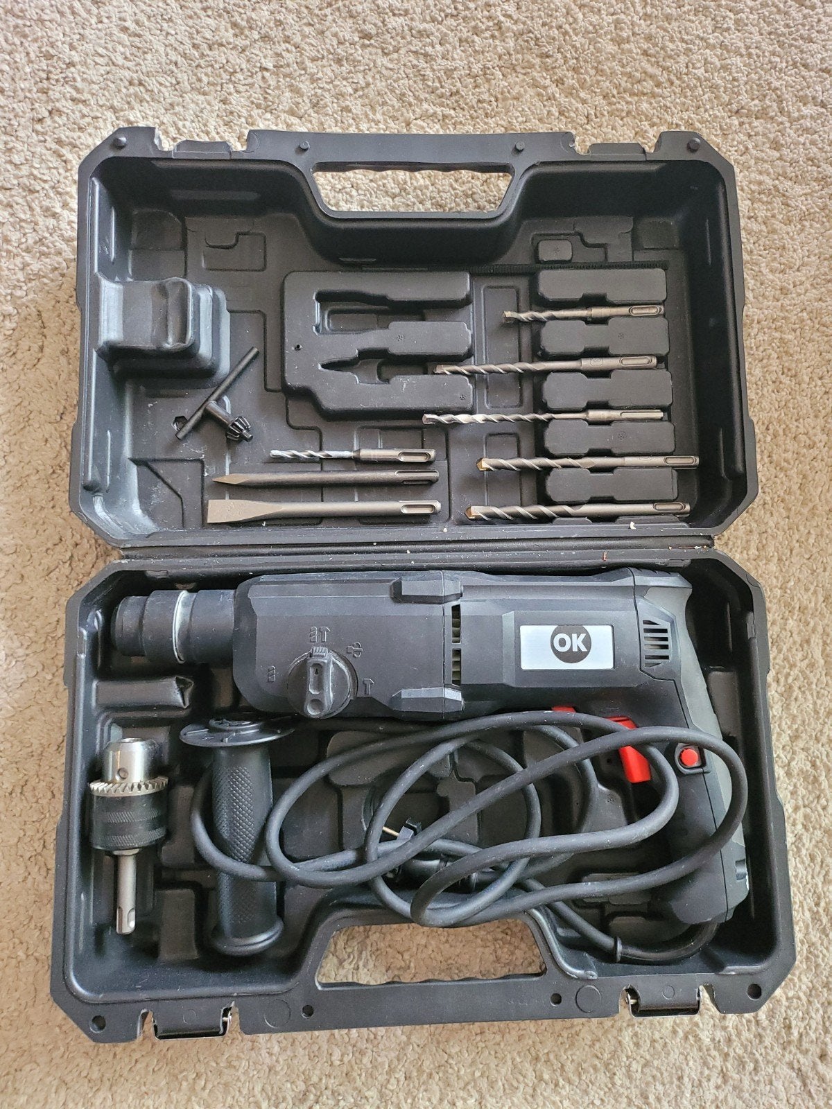 OK Boorhamer met accessoires in koffer, Doe-het-zelf en Verbouw, Gereedschap | Boormachines, Ophalen, Boor- en/of Breekhamer, Klopboormechanisme