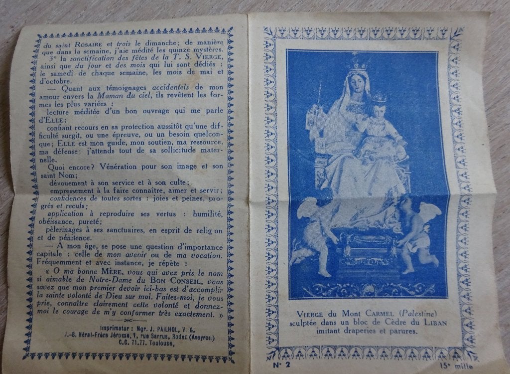 Vierge du Mont Carmel Palestine- pamflet met voorbeden, Ophalen of Verzenden